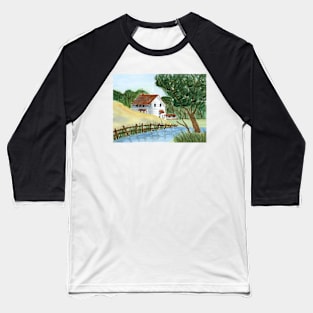 Lake House Watercolor Painting Baseball T-Shirt